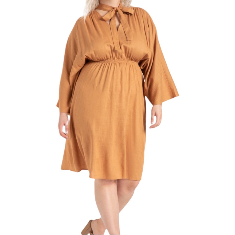 Eloquii Beige Kimono Sleeve Tie Neck Elastic Waist Viscose Linen Midi Dress 1X